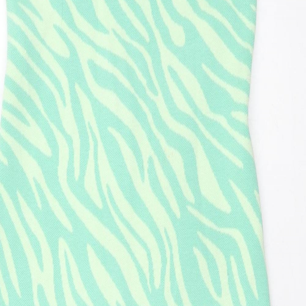 Zara Womens Green Animal Print Viscose Slip Dress Size L Square Neck Tie - Tiger print