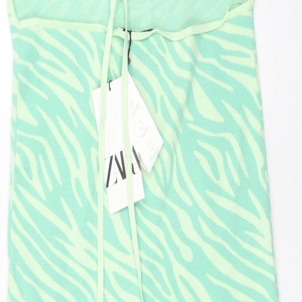 Zara Womens Green Animal Print Viscose Slip Dress Size L Square Neck Tie - Tiger print