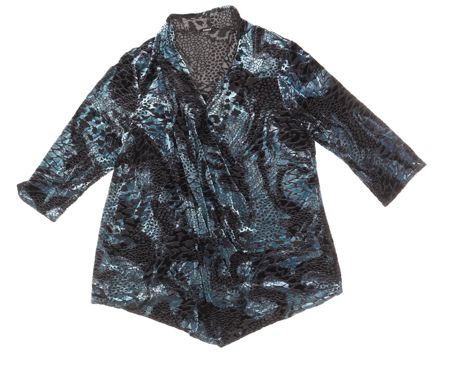 Roman Womens Blue Geometric Polyester Basic Blouse Size 20 V-Neck - Velour Detail