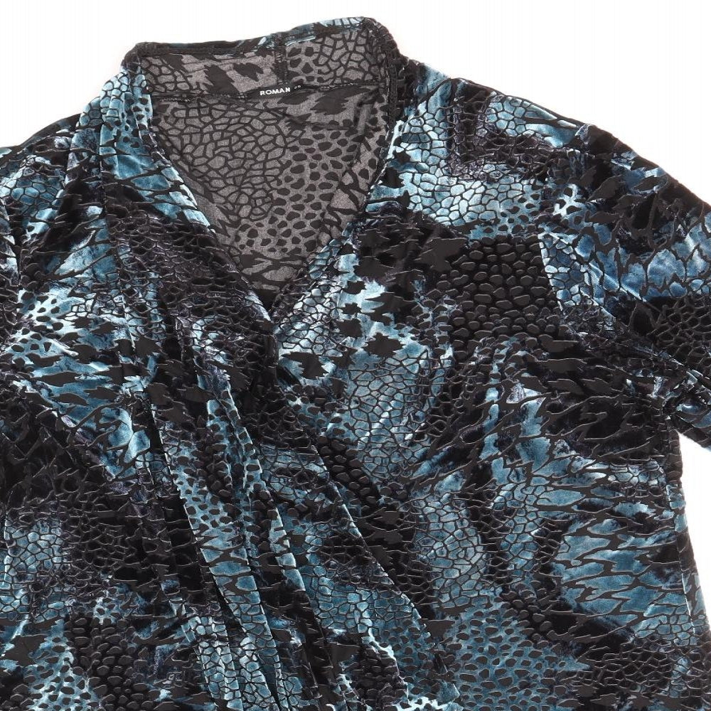 Roman Womens Blue Geometric Polyester Basic Blouse Size 20 V-Neck - Velour Detail