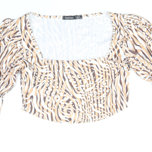 Boohoo Womens Beige Animal Print Polyester Cropped Blouse Size 10 Square Neck - Leopard Tiger Print