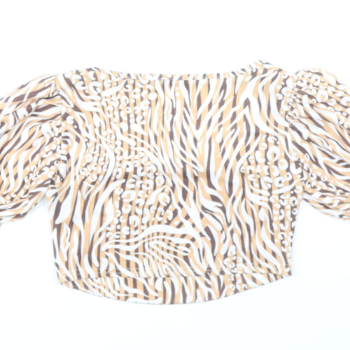 Boohoo Womens Beige Animal Print Polyester Cropped Blouse Size 10 Square Neck - Leopard Tiger Print