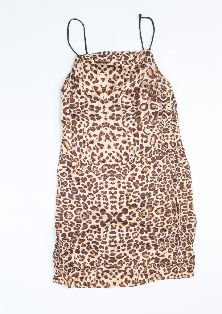 Topshop Womens Brown Animal Print Polyester Slip Dress Size 6 Square Neck Pullover - Leopard Print