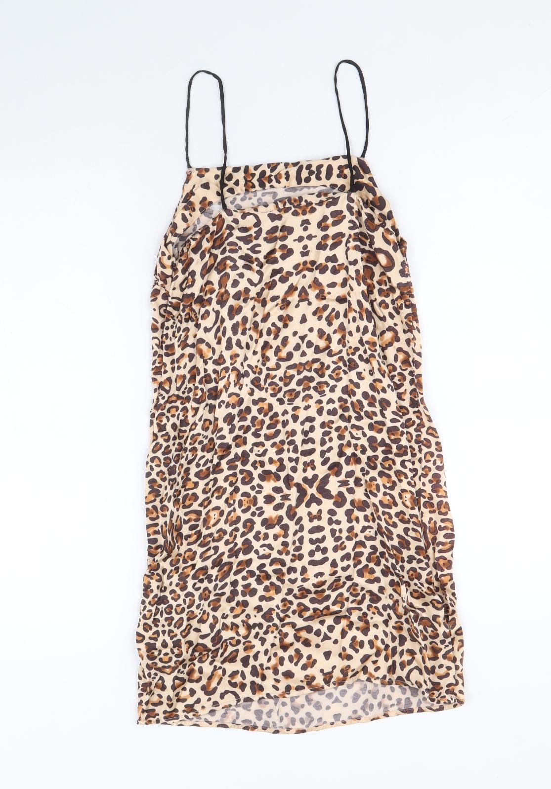 Topshop Womens Brown Animal Print Polyester Slip Dress Size 6 Square Neck Pullover - Leopard Print