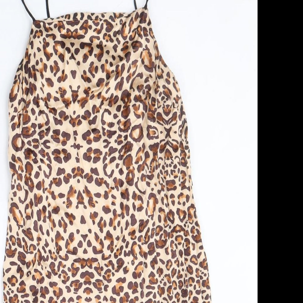 Topshop Womens Brown Animal Print Polyester Slip Dress Size 6 Square Neck Pullover - Leopard Print