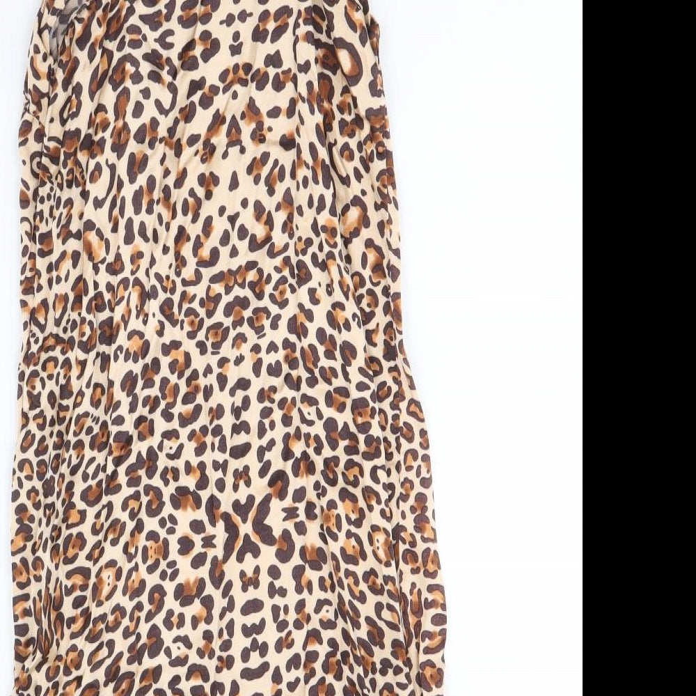 Topshop Womens Brown Animal Print Polyester Slip Dress Size 6 Square Neck Pullover - Leopard Print