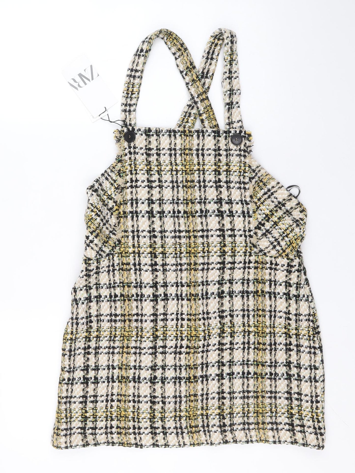 Zara Womens Beige Plaid Polyester Pinafore/Dungaree Dress Size L Square Neck Zip