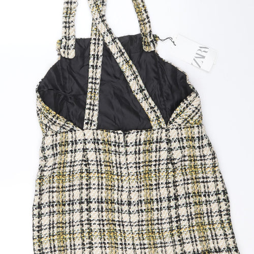 Zara Womens Beige Plaid Polyester Pinafore/Dungaree Dress Size L Square Neck Zip