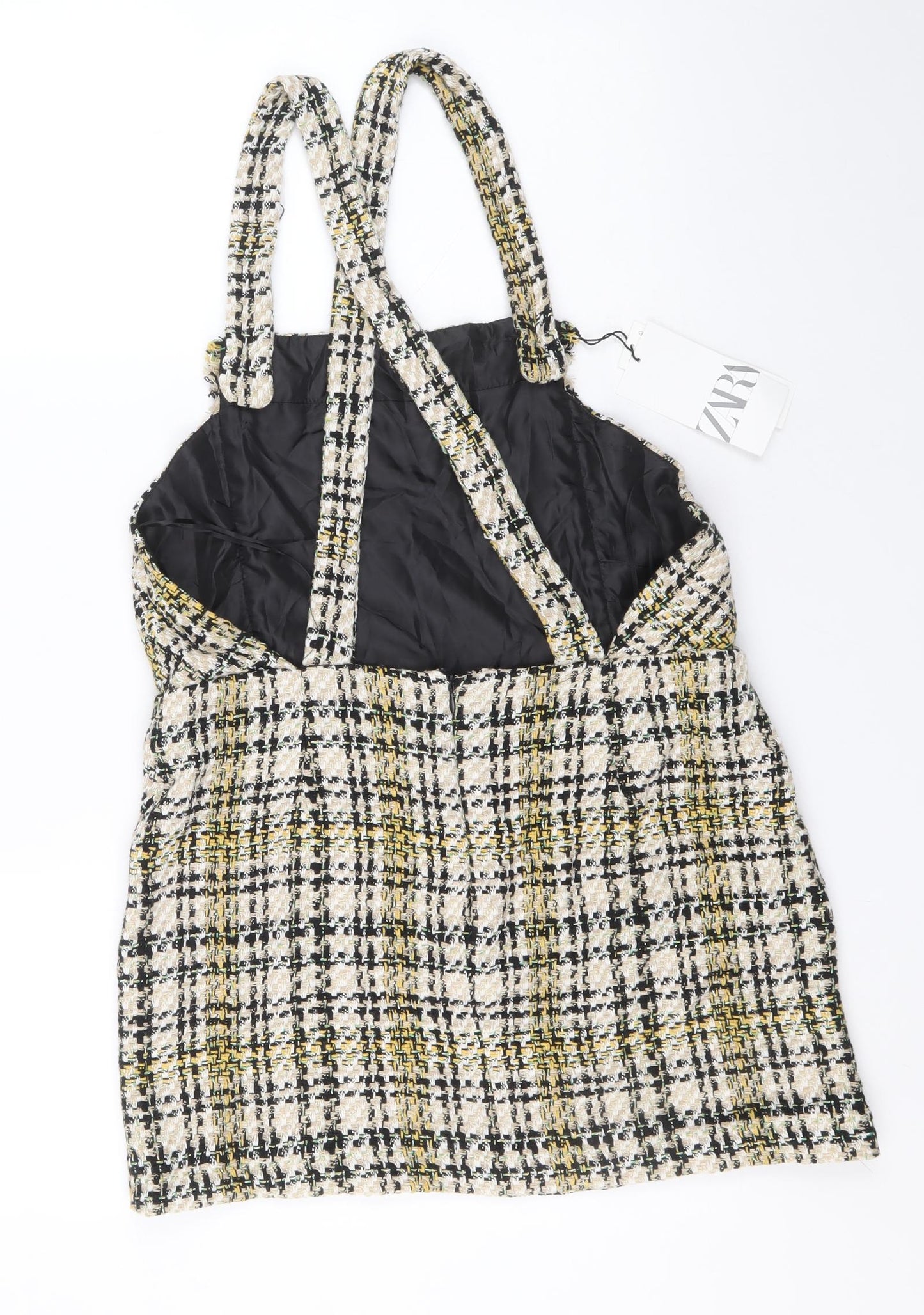 Zara Womens Beige Plaid Polyester Pinafore/Dungaree Dress Size L Square Neck Zip