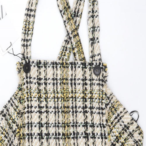 Zara Womens Beige Plaid Polyester Pinafore/Dungaree Dress Size L Square Neck Zip