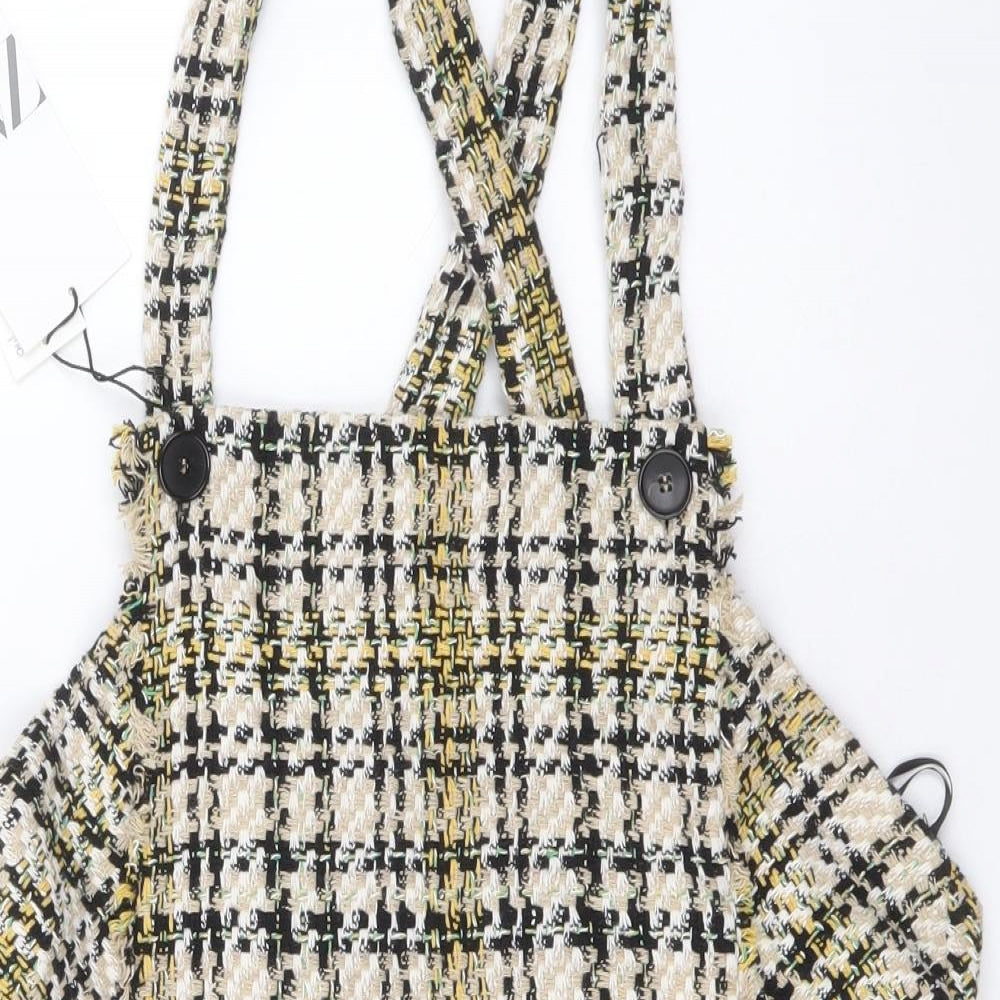 Zara Womens Beige Plaid Polyester Pinafore/Dungaree Dress Size L Square Neck Zip