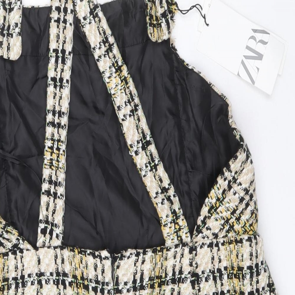 Zara Womens Beige Plaid Polyester Pinafore/Dungaree Dress Size L Square Neck Zip
