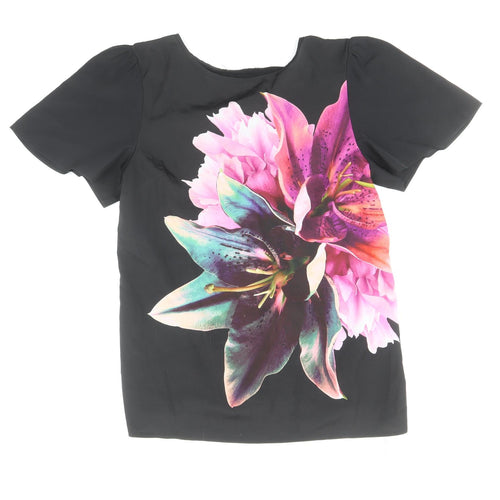 Oasis Womens Black Polyester Basic T-Shirt Size S Round Neck - Flower