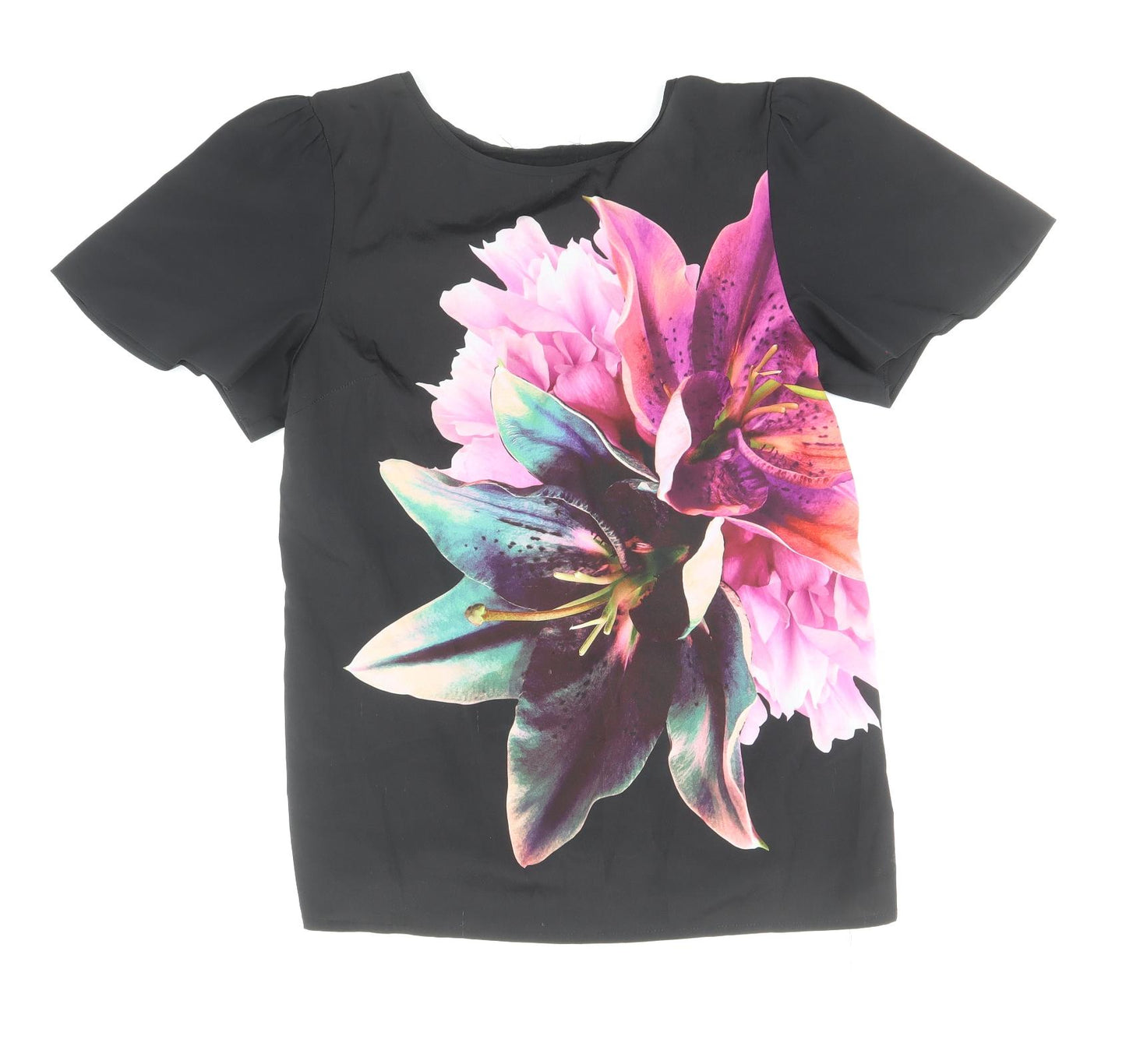 Oasis Womens Black Polyester Basic T-Shirt Size S Round Neck - Flower