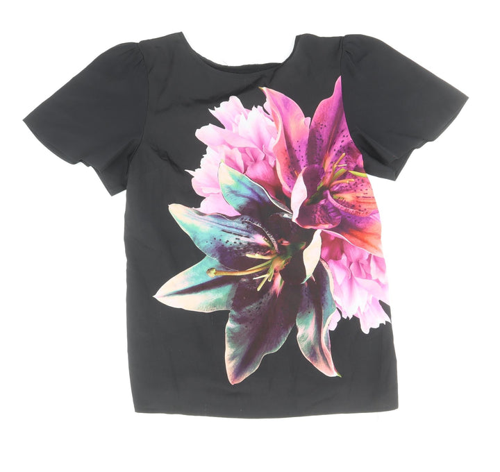 Oasis Womens Black Polyester Basic T-Shirt Size S Round Neck - Flower