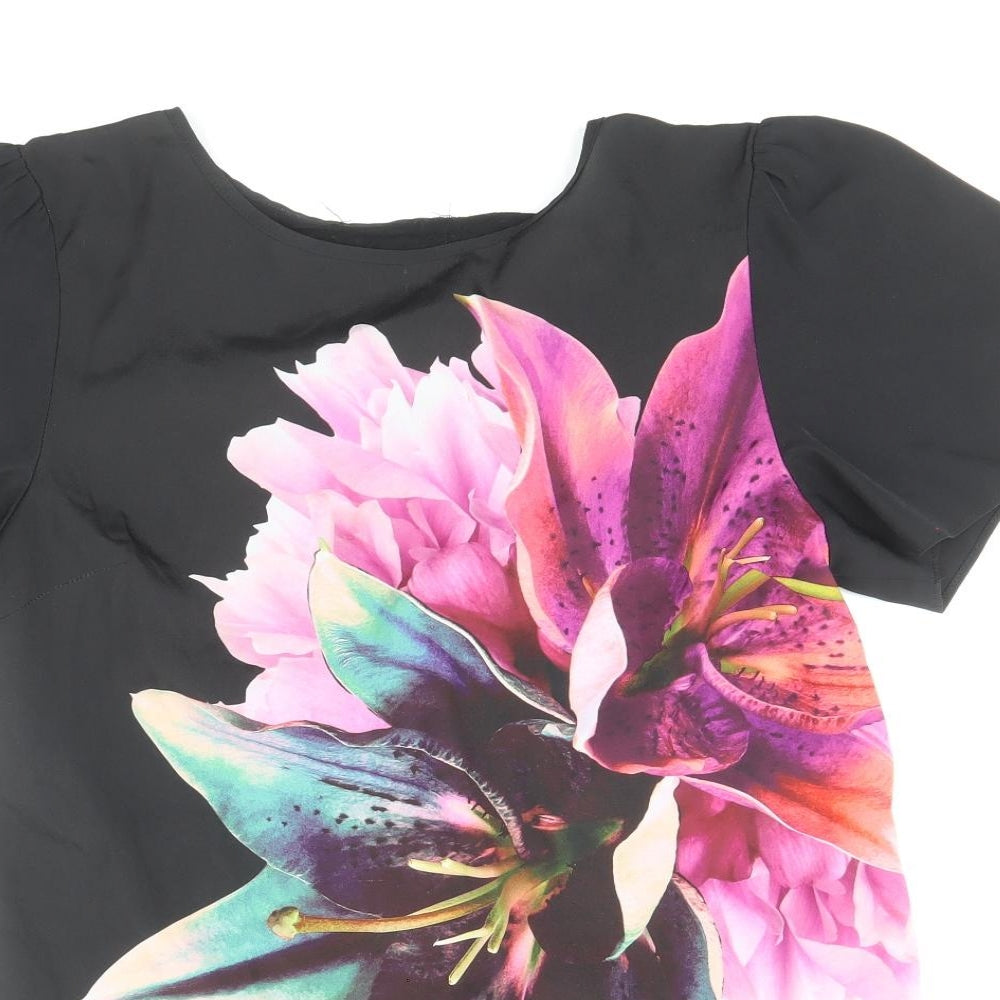Oasis Womens Black Polyester Basic T-Shirt Size S Round Neck - Flower