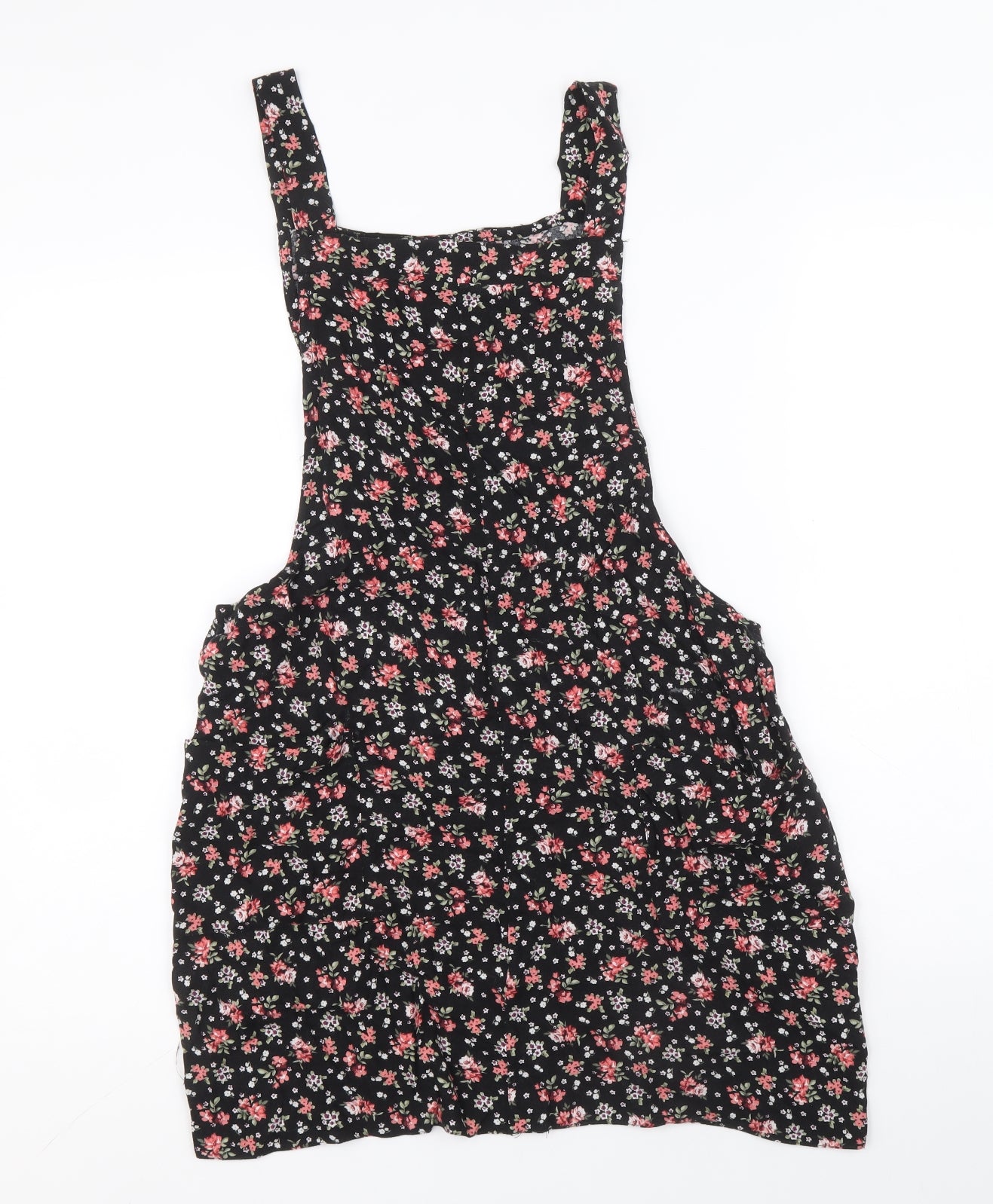 New Look Womens Black Floral Viscose Pinafore/Dungaree Dress Size 10 Square Neck Pullover