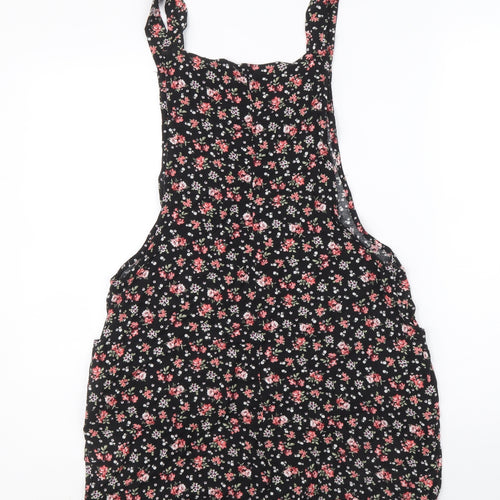 New Look Womens Black Floral Viscose Pinafore/Dungaree Dress Size 10 Square Neck Pullover