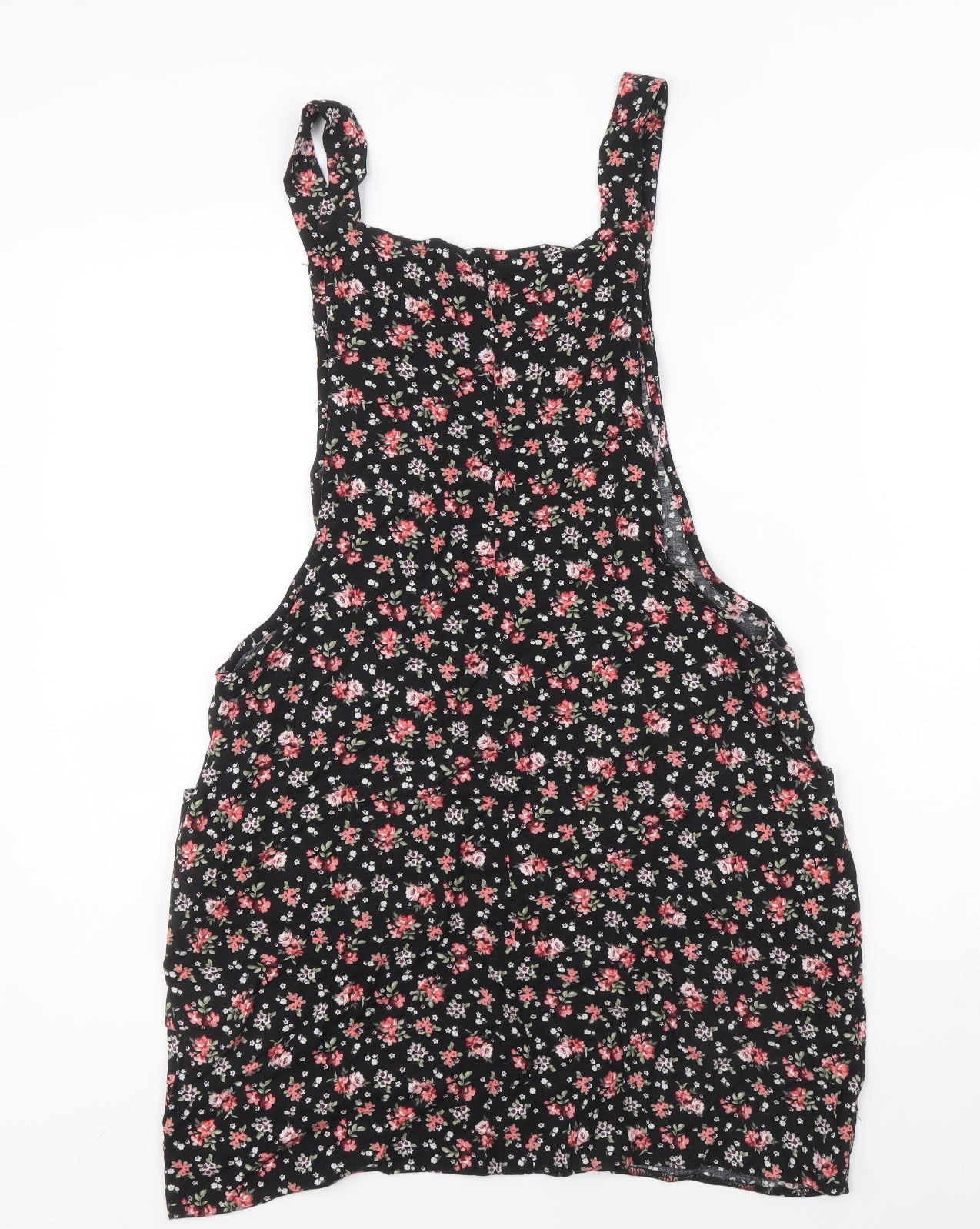 New Look Womens Black Floral Viscose Pinafore/Dungaree Dress Size 10 Square Neck Pullover