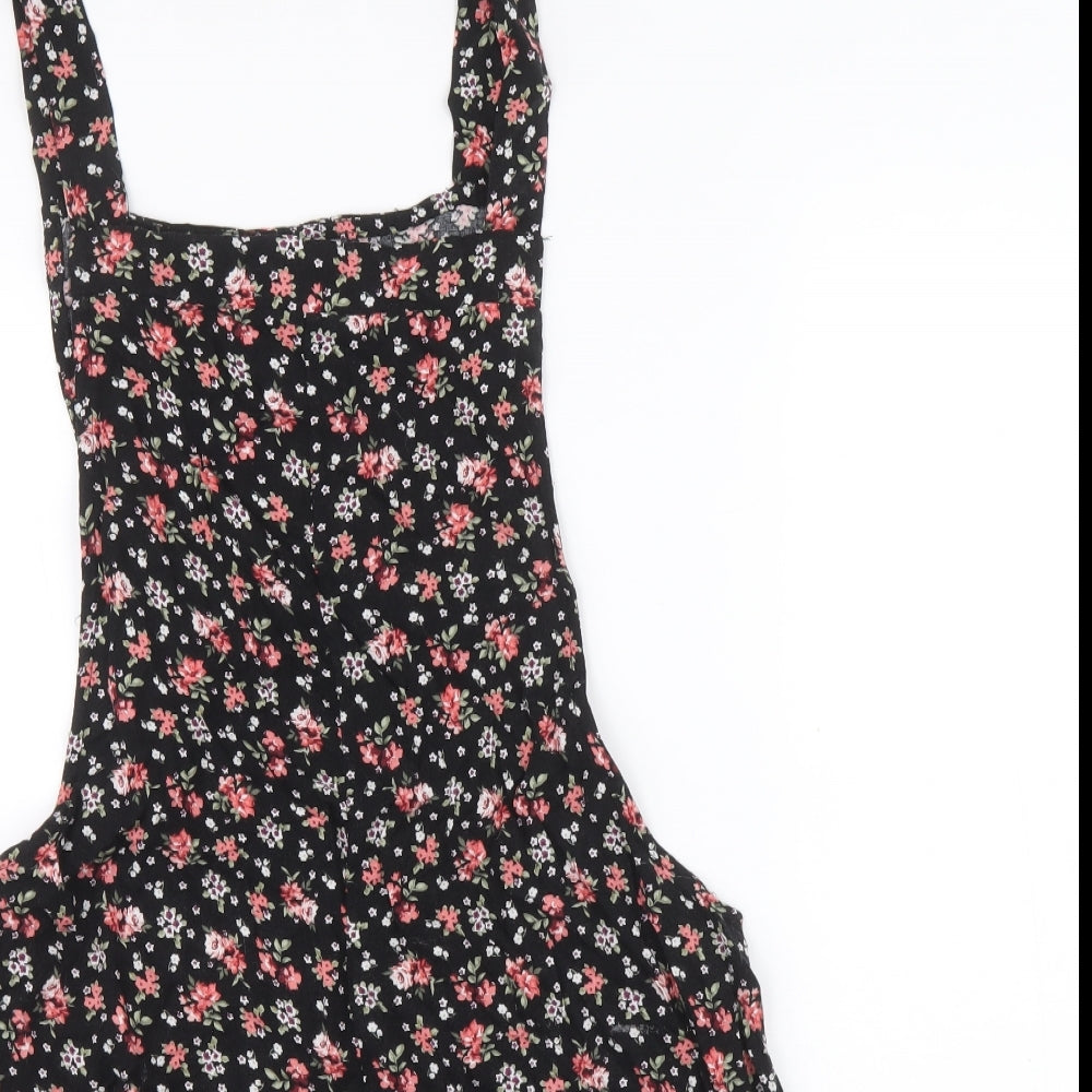 New Look Womens Black Floral Viscose Pinafore/Dungaree Dress Size 10 Square Neck Pullover