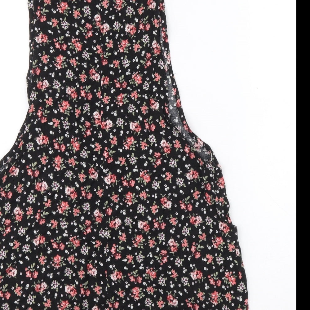 New Look Womens Black Floral Viscose Pinafore/Dungaree Dress Size 10 Square Neck Pullover