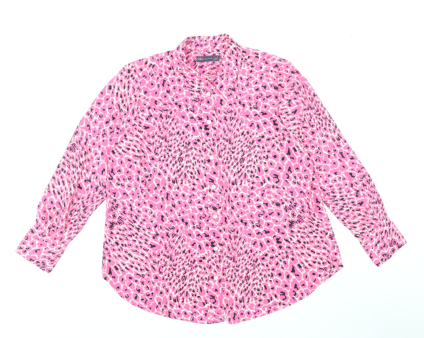 Marks and Spencer Womens Pink Geometric Polyester Basic Button-Up Size 16 V-Neck