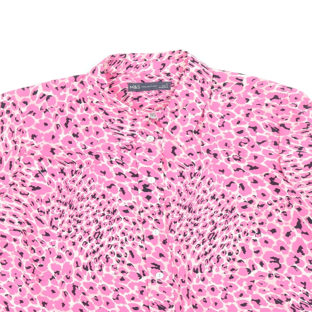 Marks and Spencer Womens Pink Geometric Polyester Basic Button-Up Size 16 V-Neck