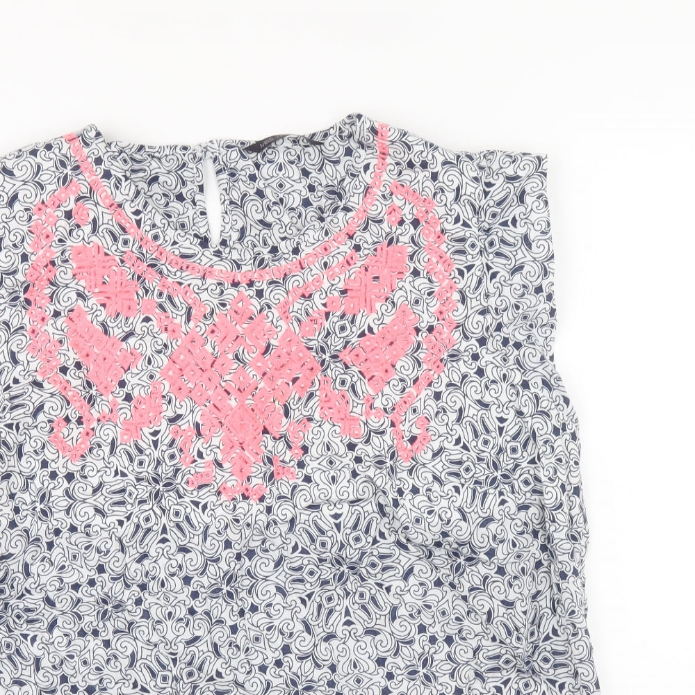 Marks and Spencer Womens Blue Geometric Viscose Basic Tank Size 18 Round Neck
