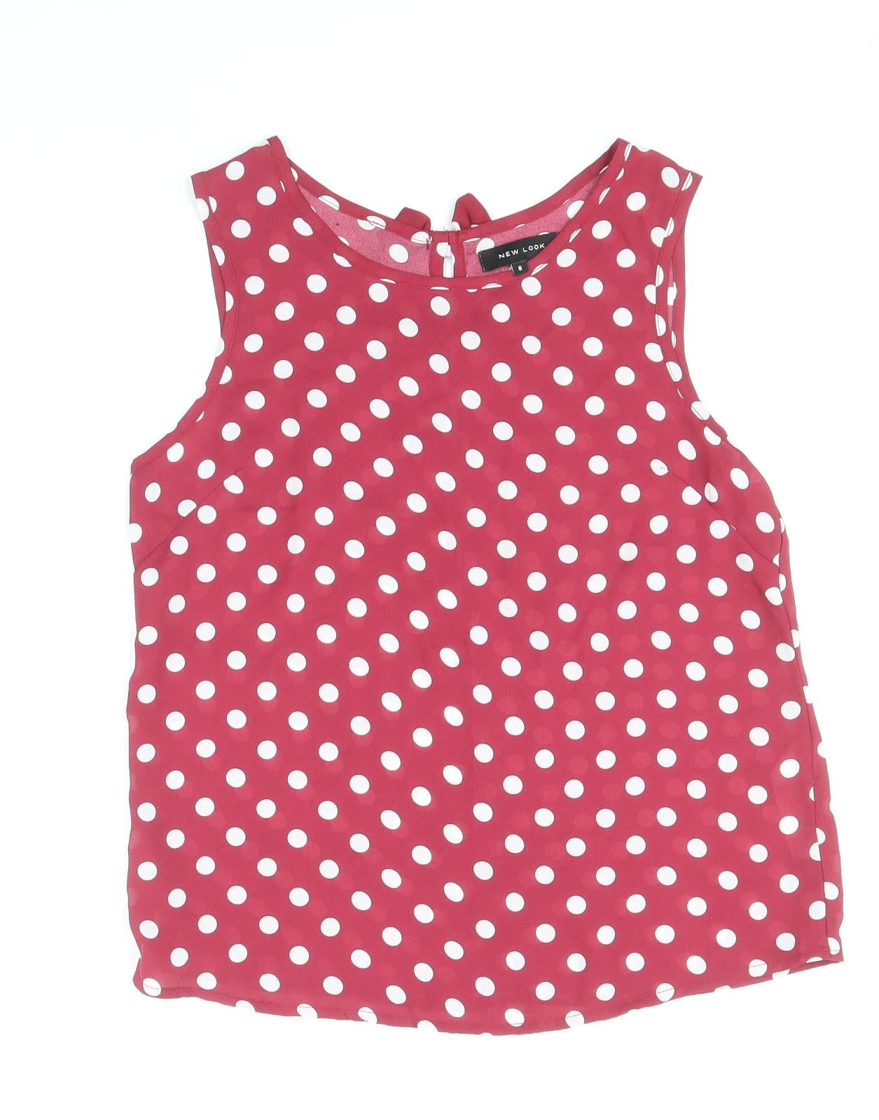 New Look Womens Pink Polka Dot Polyester Basic Tank Size 8 Scoop Neck - Bow Back Detail