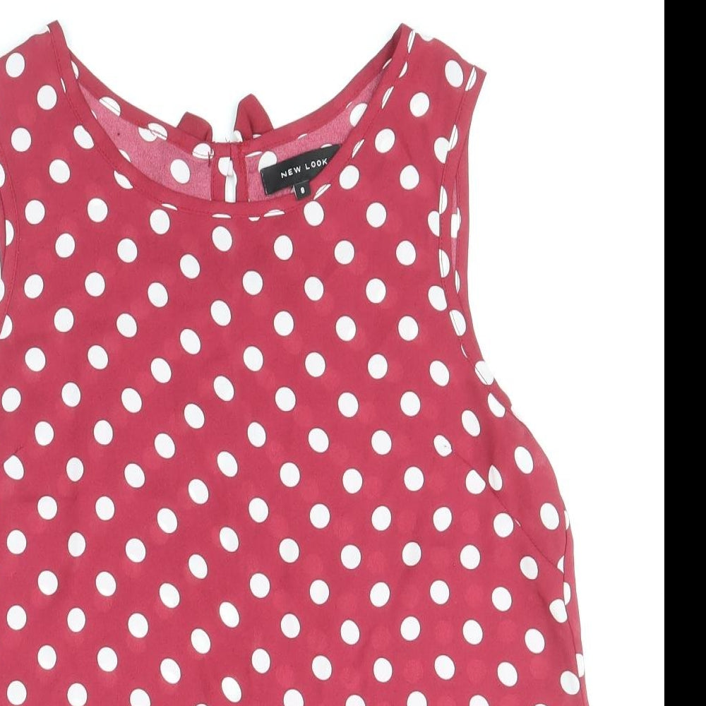 New Look Womens Pink Polka Dot Polyester Basic Tank Size 8 Scoop Neck - Bow Back Detail