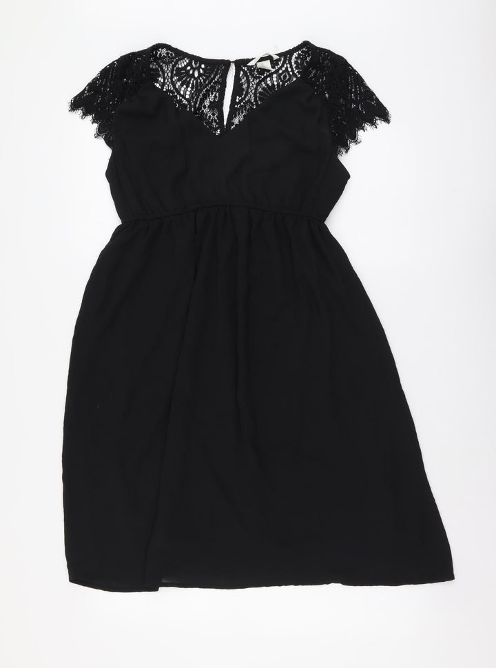 H&M Womens Black Polyester Fit & Flare Size S V-Neck Button