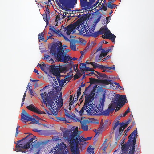 Be Beau Womens Multicoloured Geometric Polyester Fit & Flare Size 12 Boat Neck Button - Embellished Neckline