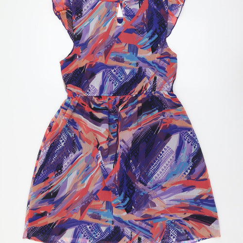 Be Beau Womens Multicoloured Geometric Polyester Fit & Flare Size 12 Boat Neck Button - Embellished Neckline