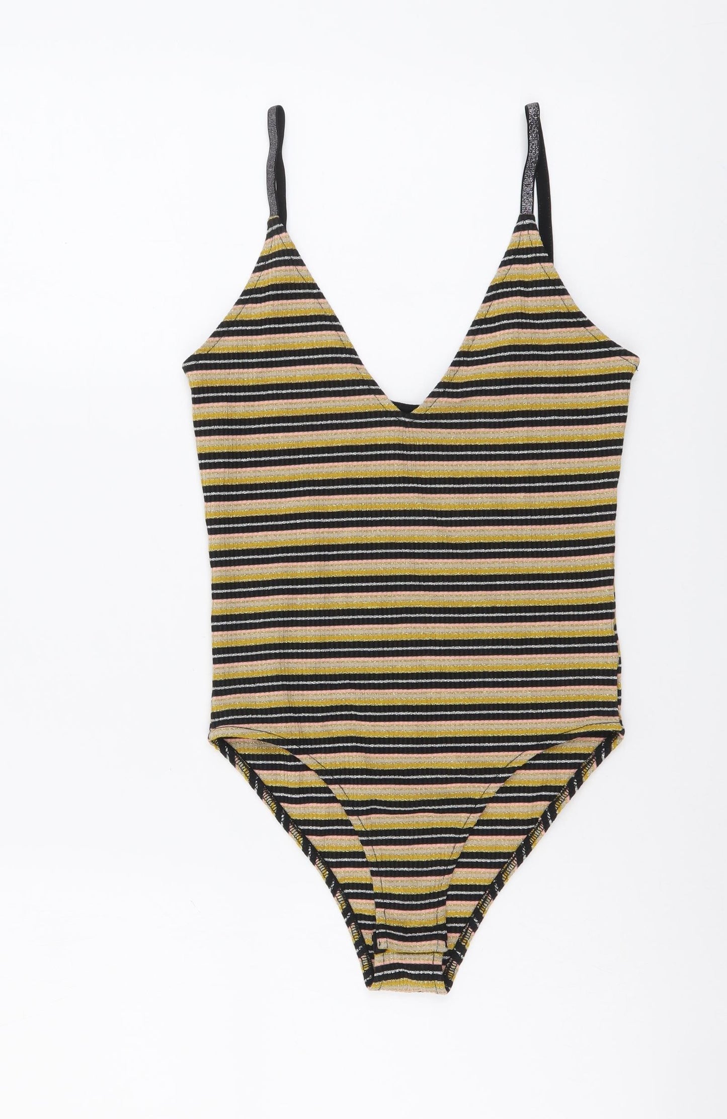 Topshop Womens Multicoloured Striped Polyester Bodysuit One-Piece Size 10 Snap