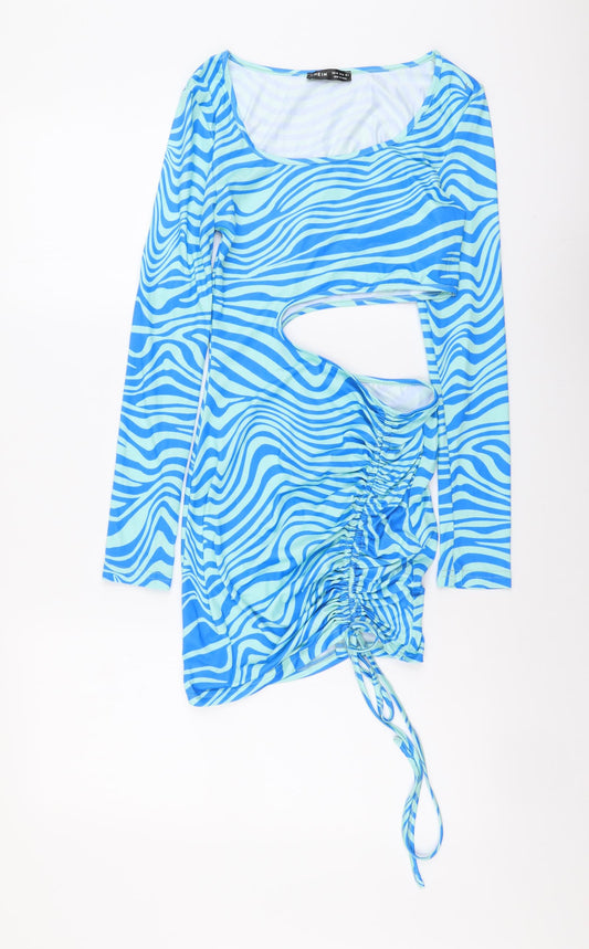 SheIn Womens Blue Animal Print Polyester Bodycon Size XS Boat Neck Pullover