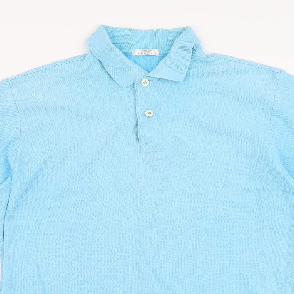 Marks and Spencer Mens Blue Cotton Polo Size M Collared Button