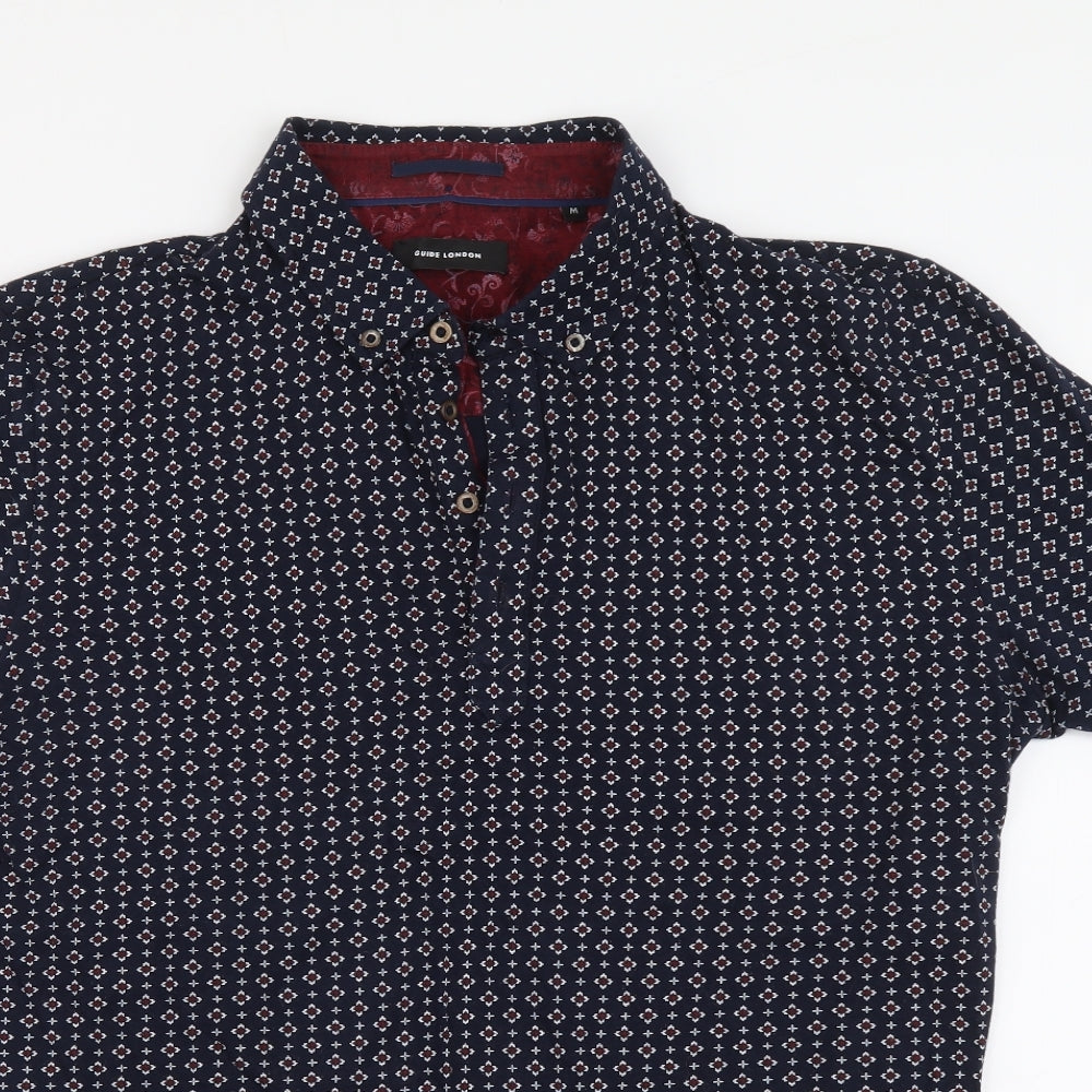 Guide London Mens Blue Geometric Cotton Polo Size M Collared Button