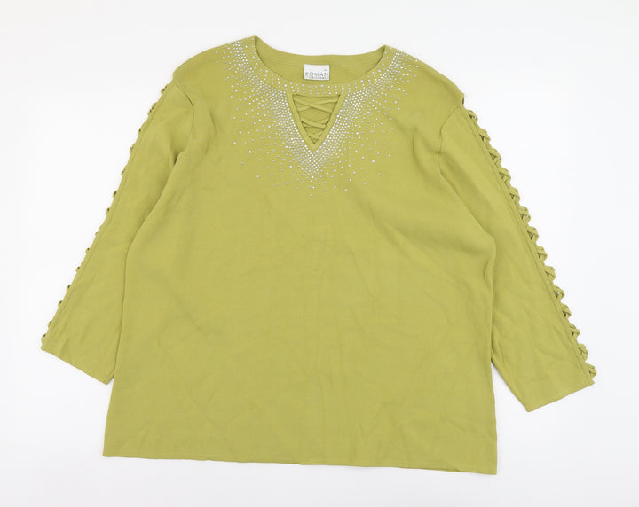 Roman Womens Green Boat Neck Viscose Pullover Jumper Size 2XL - Keyhole Neck, Lace Up Sleeve Detail