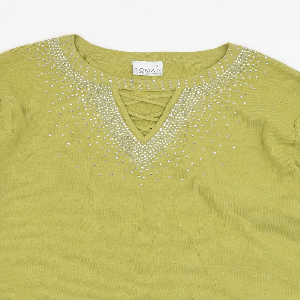 Roman Womens Green Boat Neck Viscose Pullover Jumper Size 2XL - Keyhole Neck, Lace Up Sleeve Detail