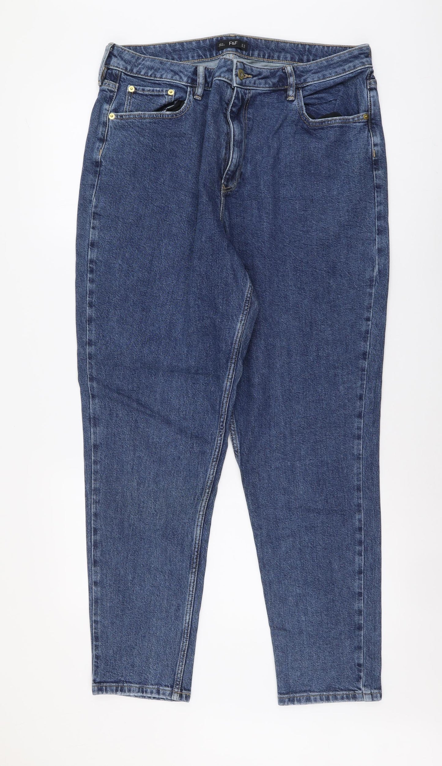 F&F Womens Blue Cotton Straight Jeans Size 16 L30 in Regular Button
