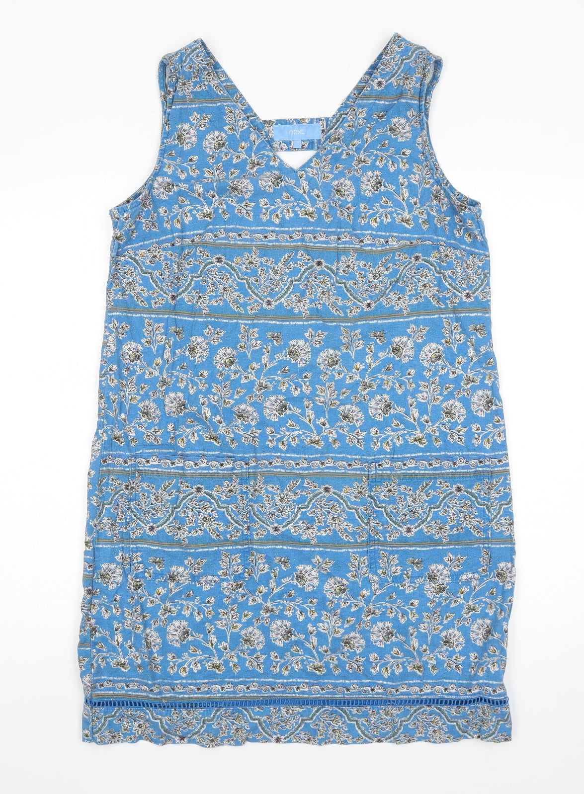 NEXT Womens Blue Floral Linen Shift Size 12 V-Neck Pullover