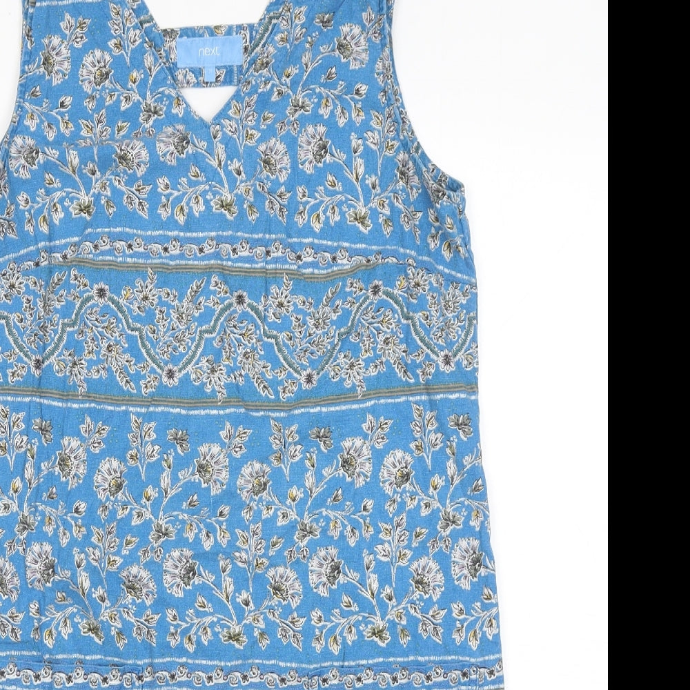 NEXT Womens Blue Floral Linen Shift Size 12 V-Neck Pullover