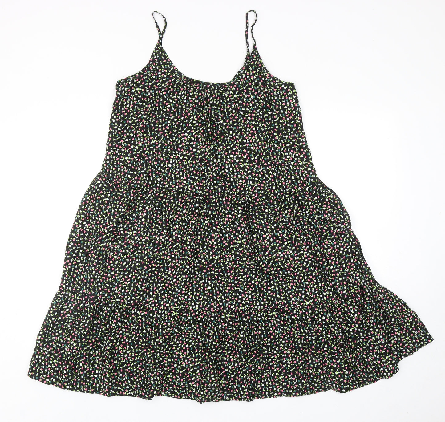 Marks and Spencer Womens Black Floral Viscose A-Line Size 8 Scoop Neck Pullover - Tiered