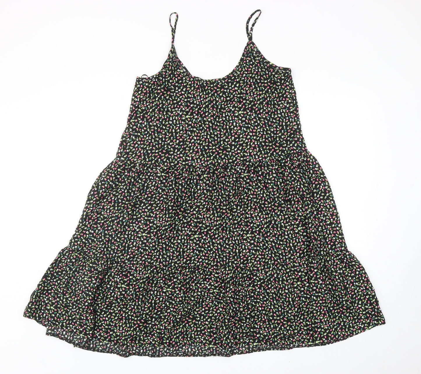 Marks and Spencer Womens Black Floral Viscose A-Line Size 8 Scoop Neck Pullover - Tiered