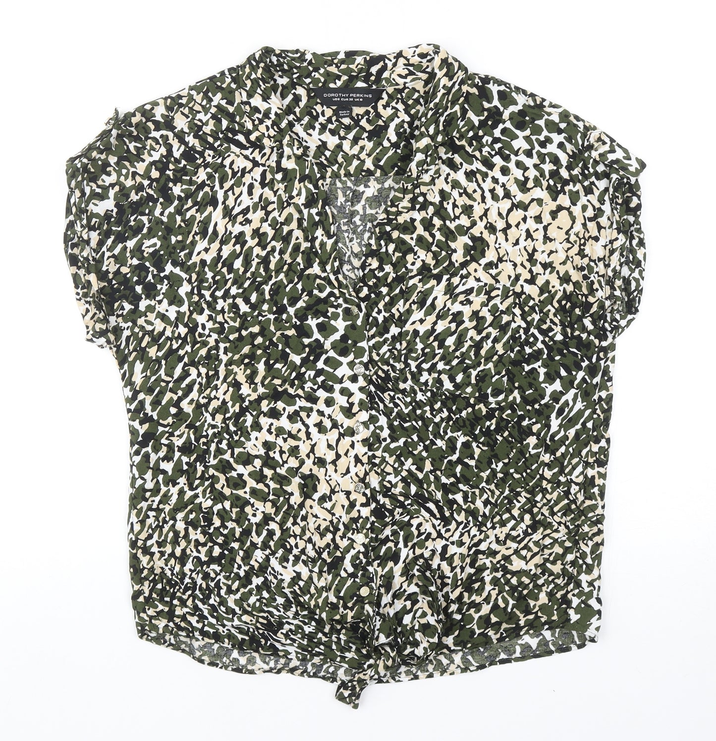 Dorothy Perkins Womens Green Geometric Viscose Basic Blouse Size 10 V-Neck - Tie Front