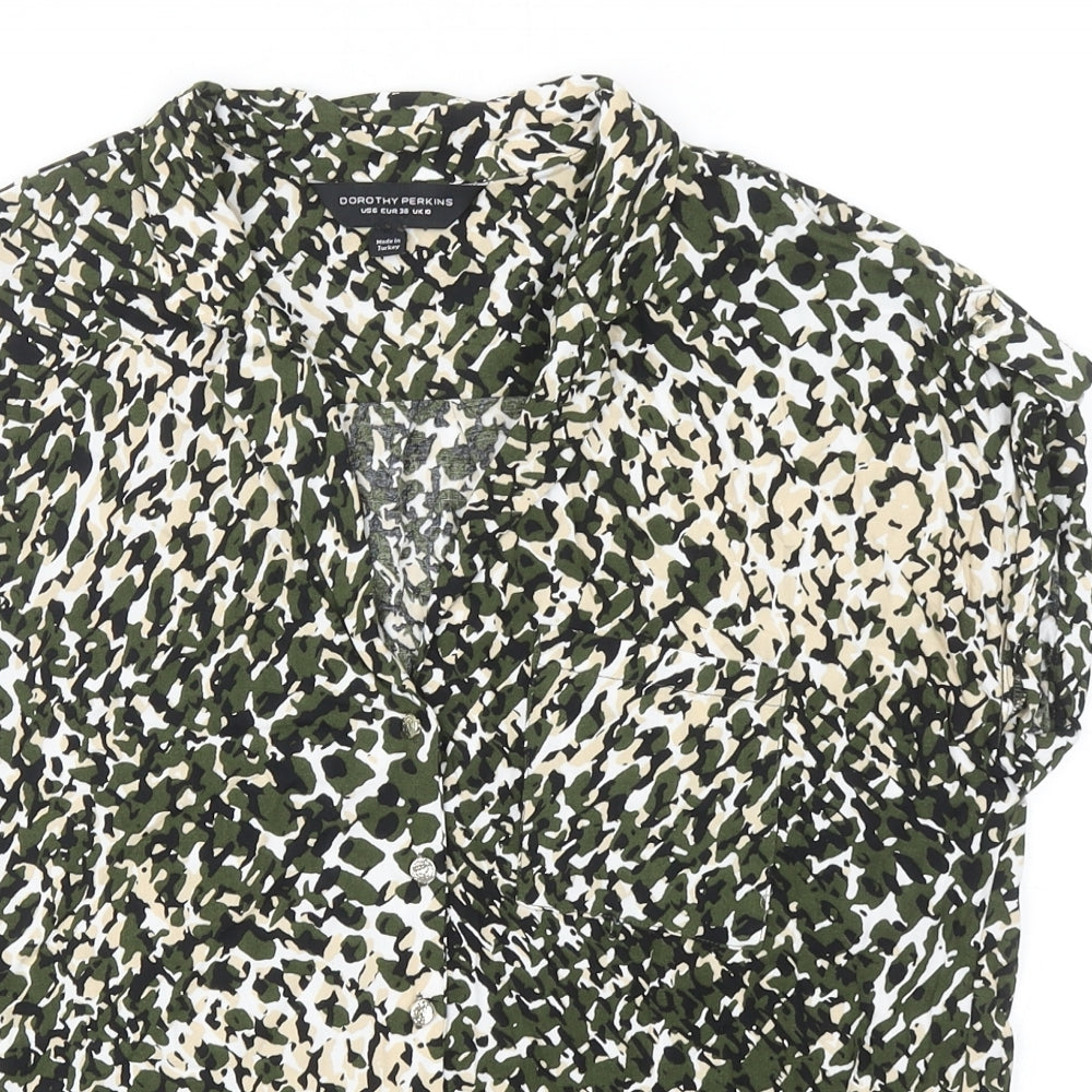 Dorothy Perkins Womens Green Geometric Viscose Basic Blouse Size 10 V-Neck - Tie Front