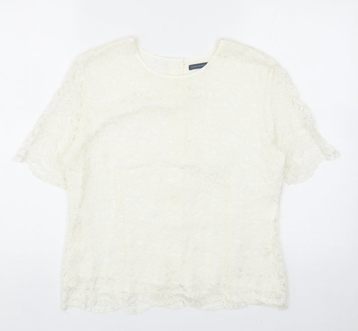 Debenhams Womens Ivory Floral Viscose Basic T-Shirt Size 14 Scoop Neck