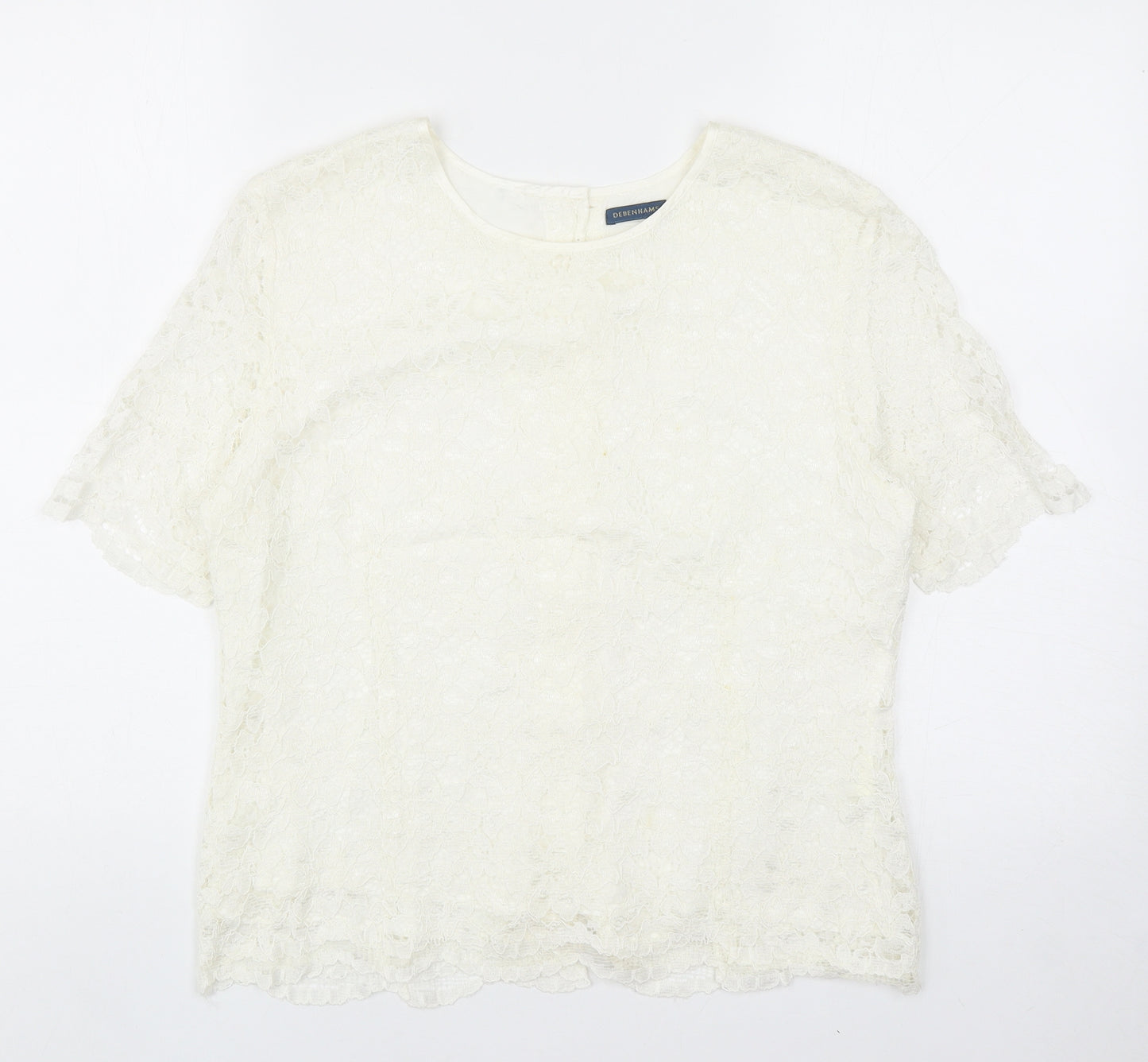 Debenhams Womens Ivory Floral Viscose Basic T-Shirt Size 14 Scoop Neck
