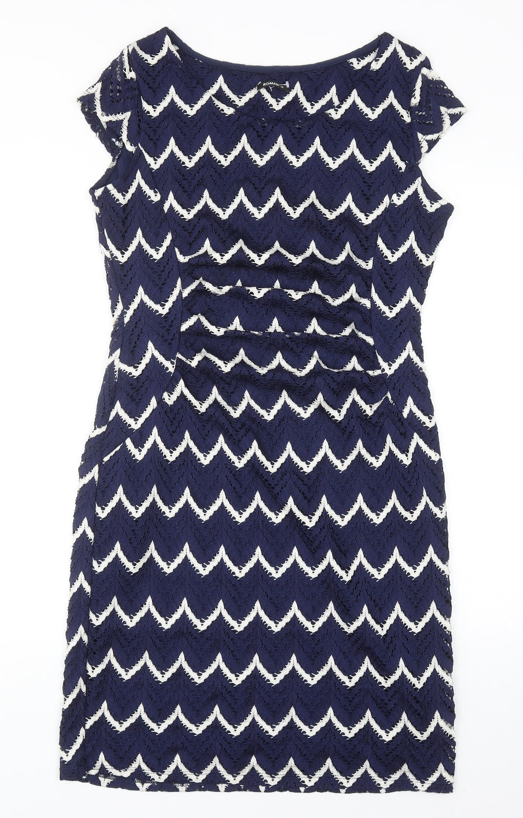 Roman Womens Blue Geometric Polyester Pencil Dress Size 14 Boat Neck Pullover