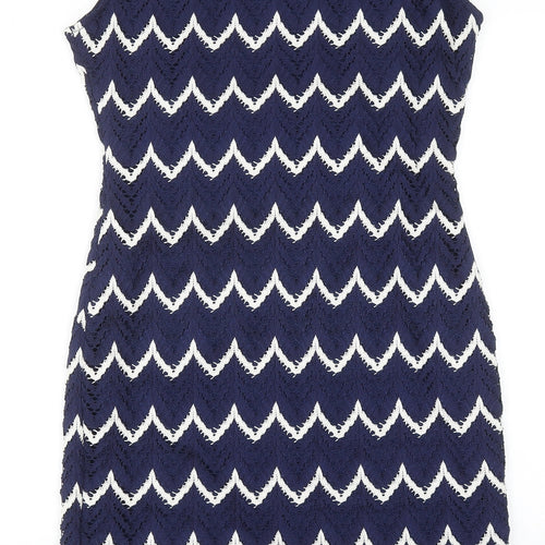 Roman Womens Blue Geometric Polyester Pencil Dress Size 14 Boat Neck Pullover
